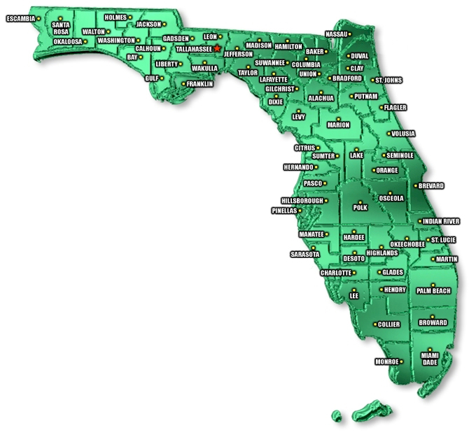 Florida state map with counties labeled