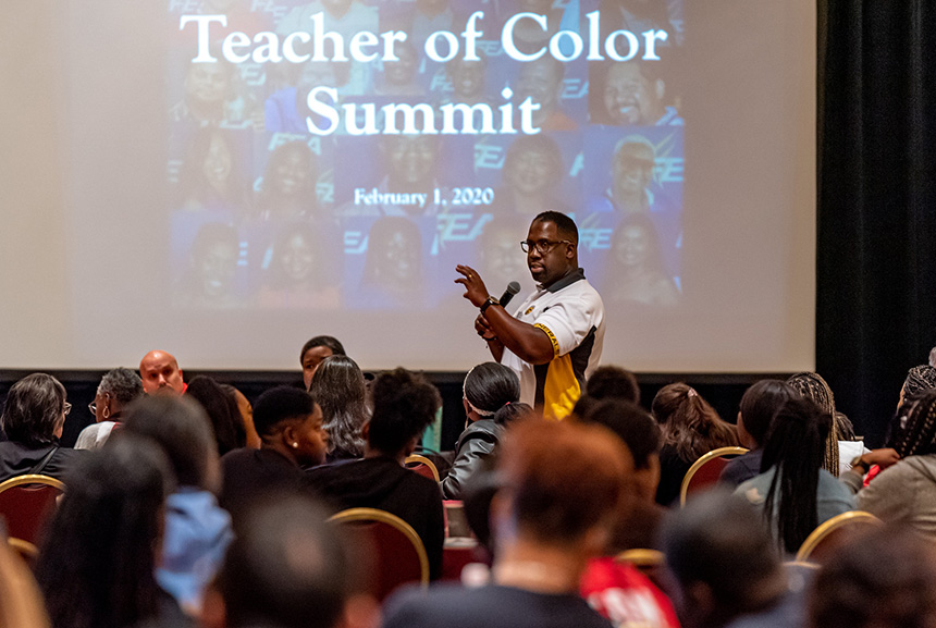 FEA President Fedrick Ingram welcomes attendees to the Teacher of Color Summit on February 1, 2020 in Orlando.